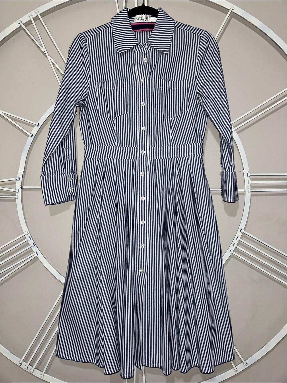 Eliza J Navy and White Striped Long-Sleeve Shirt Dress